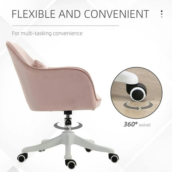 Pink velvet chair with 360° swivel base and black caster wheels