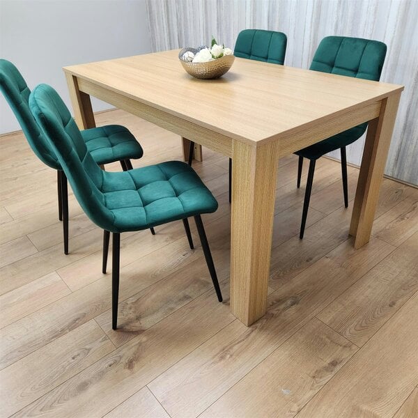 Kosy Koala Dining Set of 4 Oak Effect Dining Table and 4 Green Velvet Chairs Dining Room Furniture