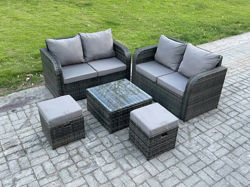 Fimous Rattan Sofa Set Outdoor Garden Furniture Set with Square Coffee Table Loveseat Sofa 2 Small Footstool Dark Grey Mixed