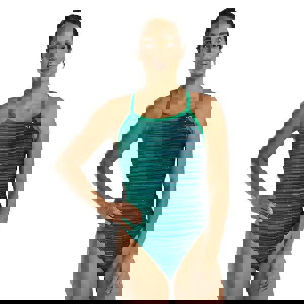 Green TYR Speedwarp Durafast Elite Diamondfit swimsuit with blue texture