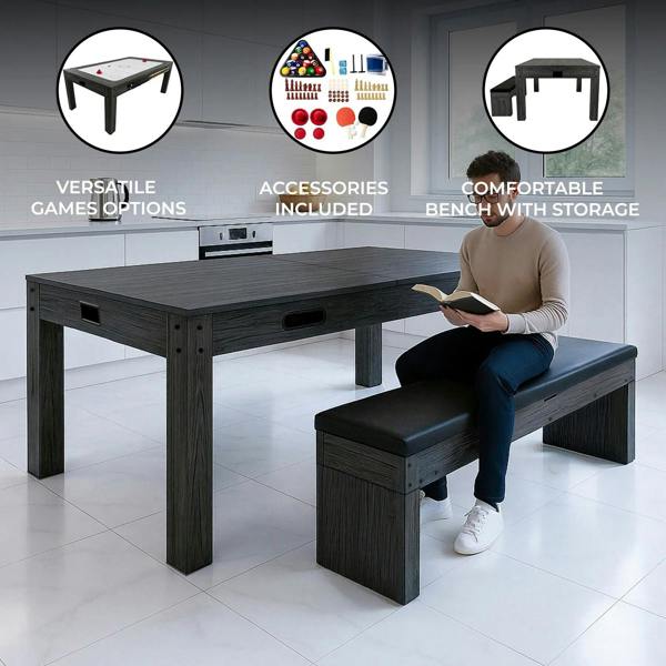 7-in-1 games table and storage bench in grey, featuring a sleek design, versatile gaming options, and a comfortable, spacious bench for seating and storage