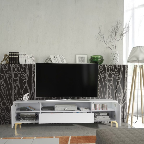 Mex Furniture Luxurious White TV Stand with Fluted Doors & Gold Accents – 200cm Media Console