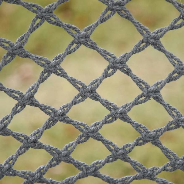 Grey macrame rope net hammock chair seat with diamond knot pattern