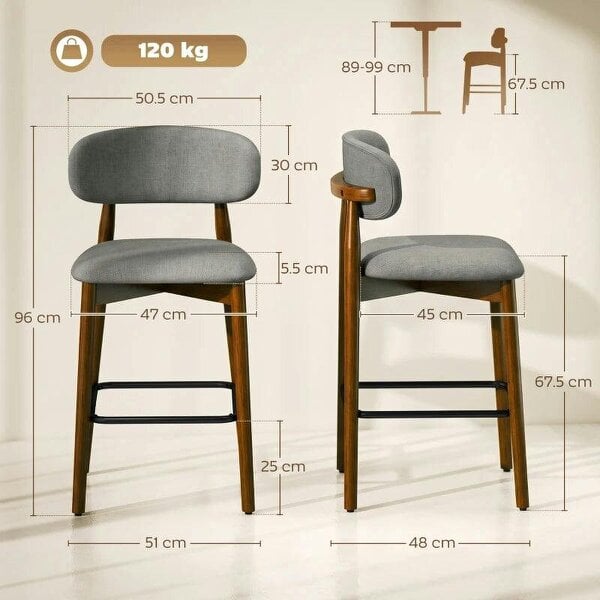 Bar Stools Curved Open Back Padded Seat Footrest Set of 2 for Kitchen Grey