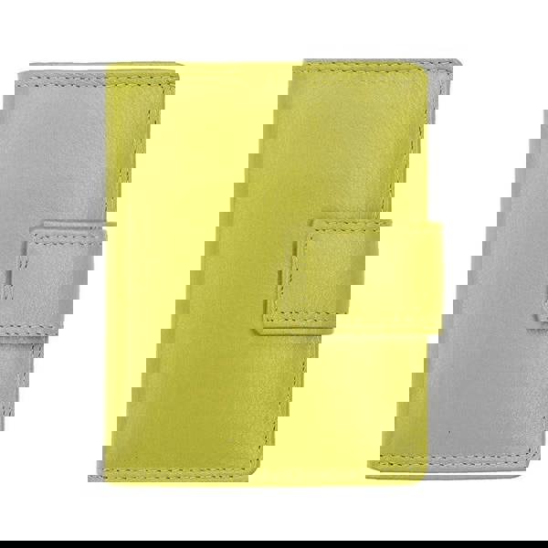 Soft lime leather trifold purse with secure tab fastening – front view