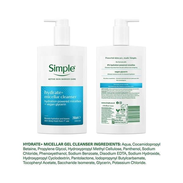 Simple Hydrate+ Micellar Facial Cleanser Refreshing Gentle Face Wash, 240ml