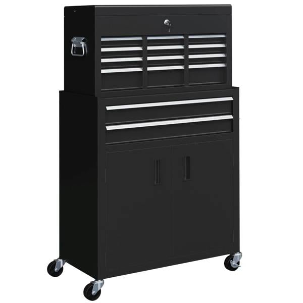 Black metal 6-drawer tool chest with wheels and top storage, lockable cabinet