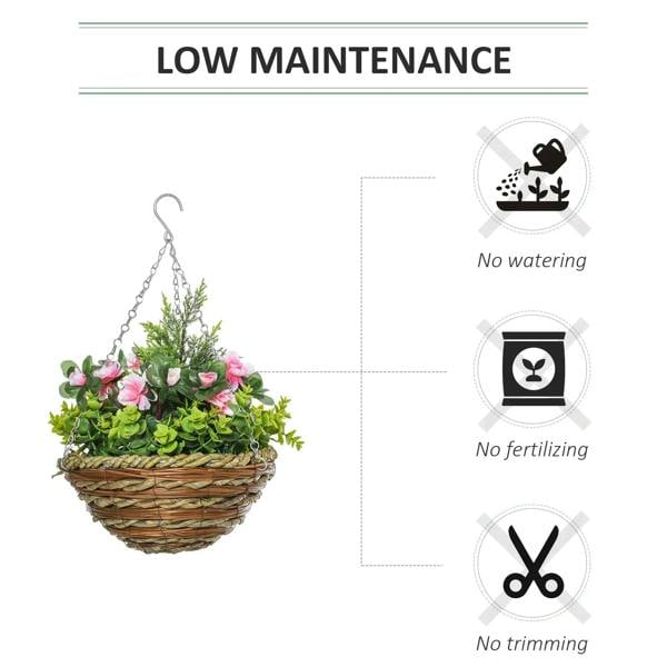 Hanging rattan planter with pink flowers, green leaves, and steel hanging chain