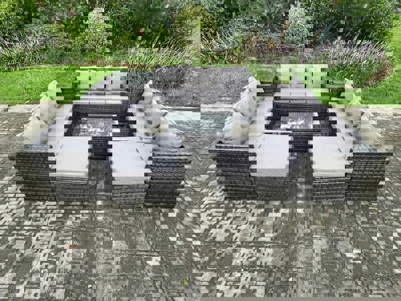 Fimous Outdoor Lounge Sofa Set Wicker PE Rattan Garden Furniture Set with Oblong Coffee Table Side Table 2 Big Footstool 11Seater Dark Grey Mixed