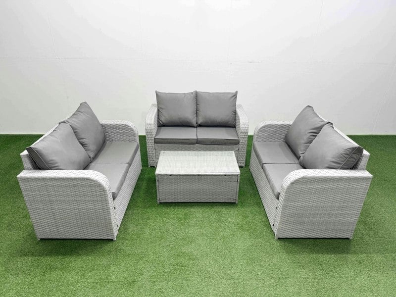 Fimous  6 Seater PE Wicker Rattan Furniture Sofa Sets with Rectangular Coffee Table 2 Seater Love Sofa Light Grey