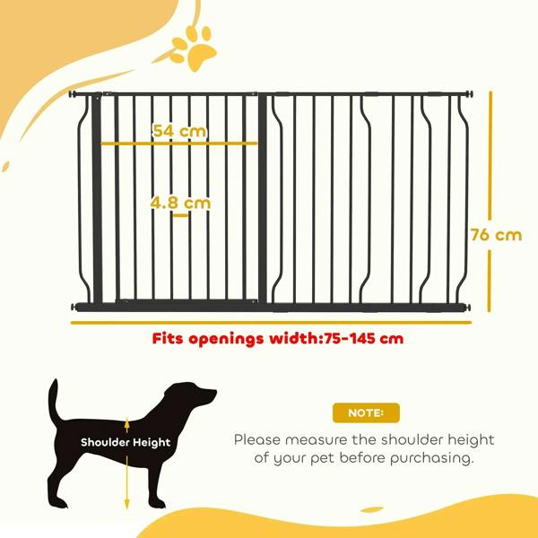 Black extra wide pet safety gate size diagram with opening fit and pet height icon