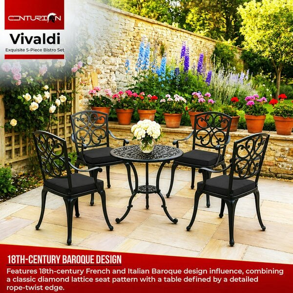Centurion Supports VIVALDI Black 5-Piece Cast Aluminium Garden Bistro Set - with Black Cushions