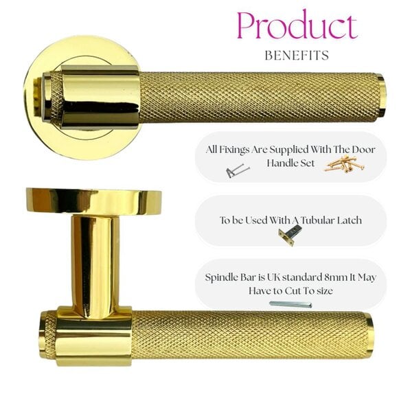 EDH Door Hardware Knurled Door Handles Brass Polished Loop & Neck Lever on Round Rose Latch Handle