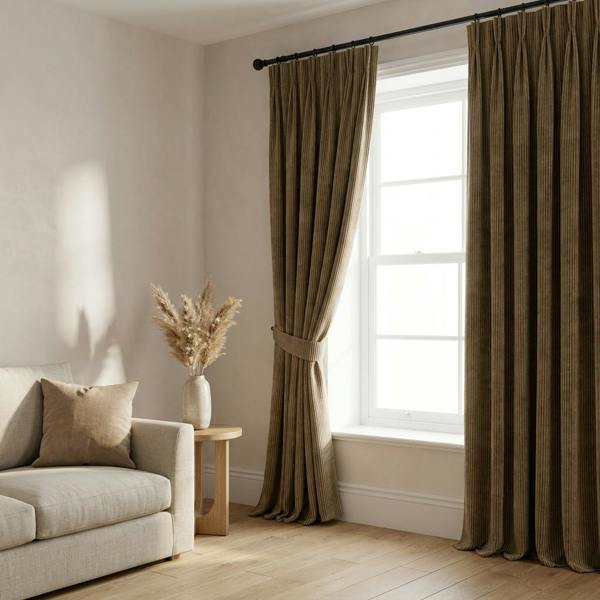 Larissa made-to-measure curtains in Gaucho, styled in a living room