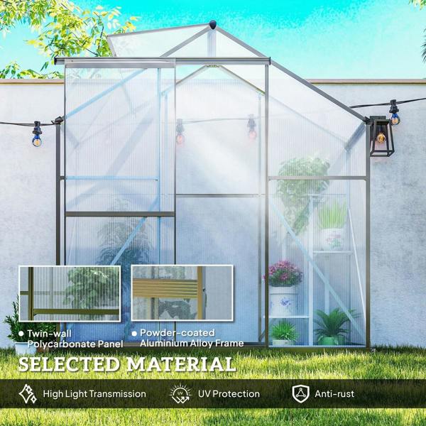 Dark grey polycarbonate greenhouse with large door panels and clear side windows