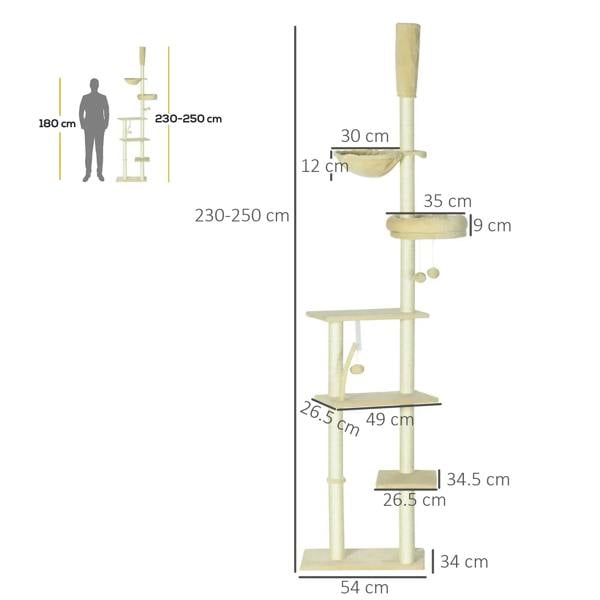 Beige floor-to-ceiling cat tree tower sizing diagram with height and platform measurements