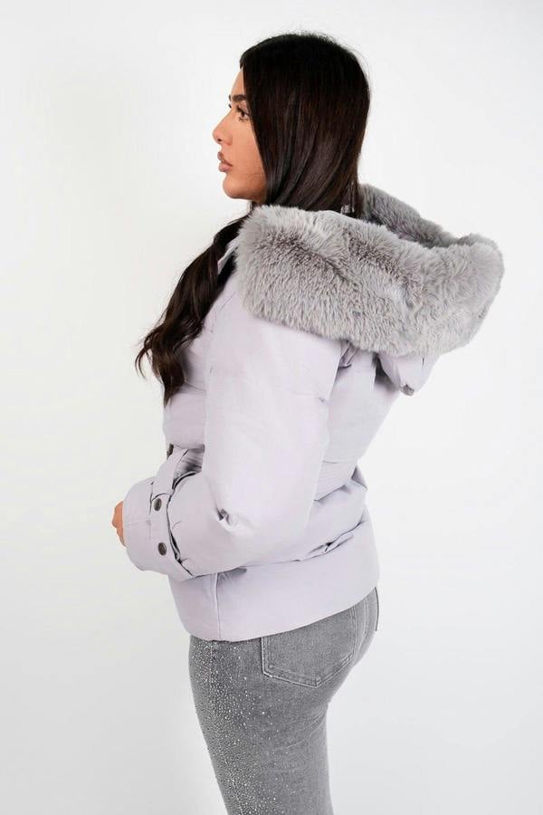 Serelina Belted Puffer Jacket With Faux Fur Hood - Beige