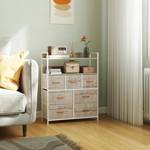 HOMCOM Bedroom Chest of Drawers 7 Drawer Dresser w/ Shelves - Black - Natural wood finish