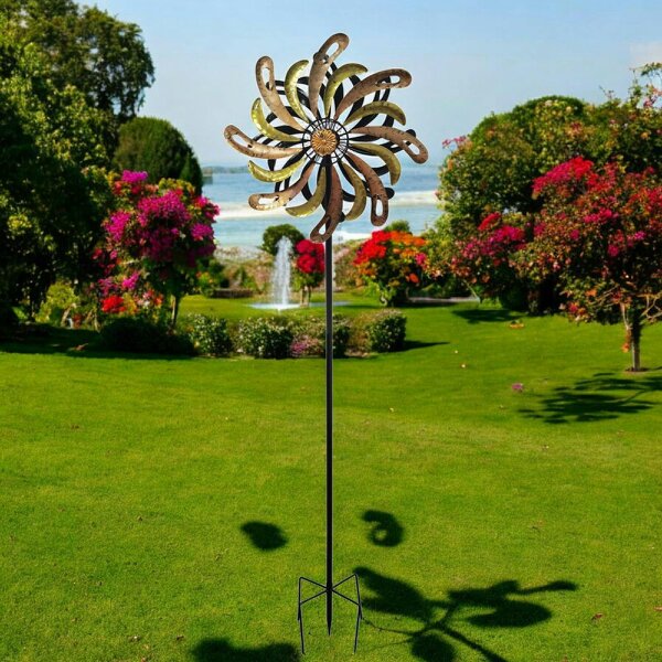 EDH Door Hardware Small Golden Flare Vortex Wind Spinner Stake – 120 x 36 x 15 CM | Metal Kinetic Garden Wind Sculpture