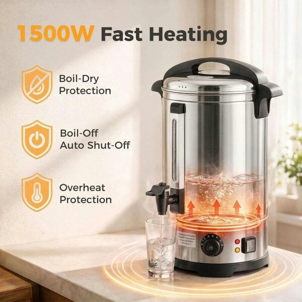 17L Catering Urn, 2500W Stainless Steel Hot Water Boiler Dispenser with Thermostat, Keep Warm Function and Easy Pour Tap