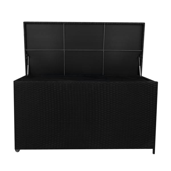 Black rattan cushion storage box with a spacious 700L interior, featuring a textured woven design and a hinged lid for easy access