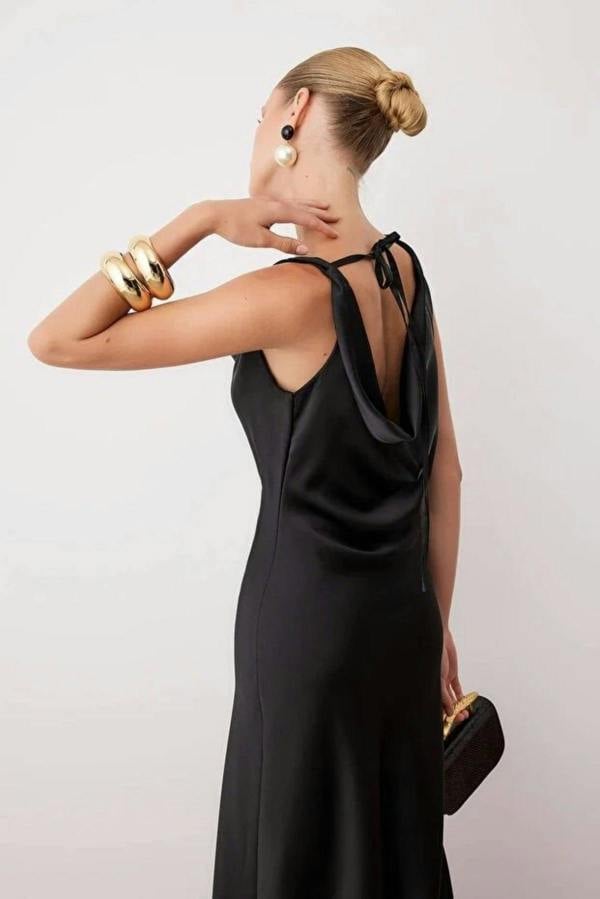 WOVCOR A-Line Cowl Neck Satin Maxi Elegant Dress