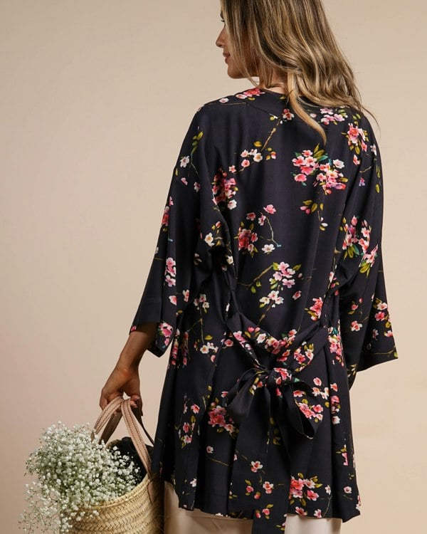 Antonia York Black & Pink Kimono | Coco Cherry Blossom Print Robe