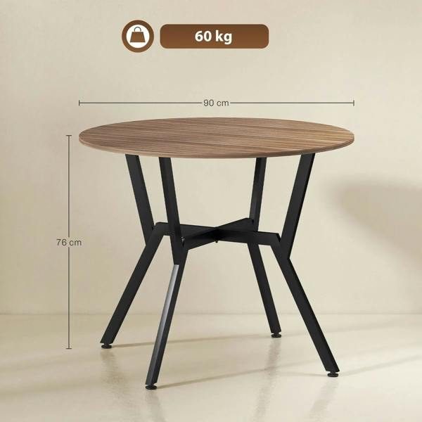 Round brown table with black steel legs, flat wood surface
