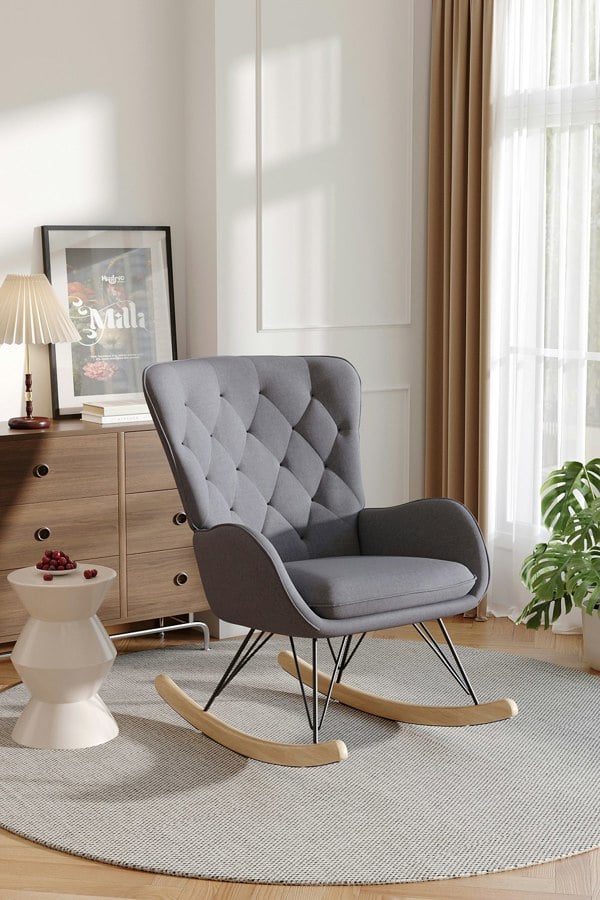 Living and Home Grey Modern Diamond Check Tufted Velvet Rocking Chair