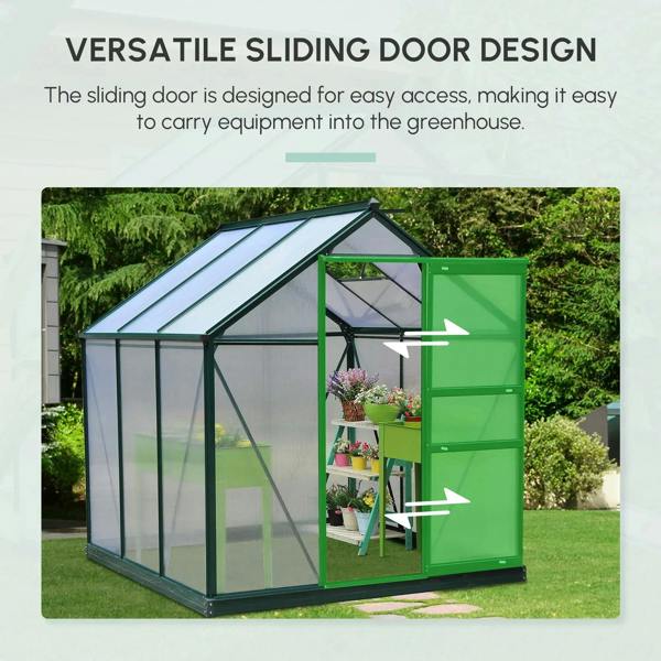 Dark green polycarbonate greenhouse with sliding door opening for easy access