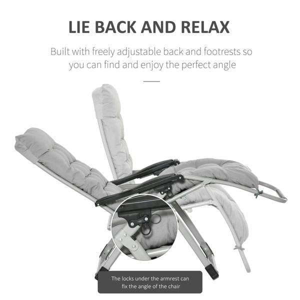 Light grey zero gravity reclining lounge chair with adjustable back and footrest