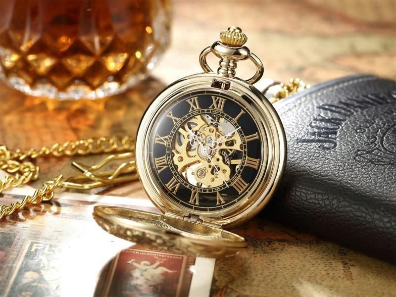 Infinity Leather Vinatage Mechanical Alloy Skeleton Half Hunter Pocket Watch