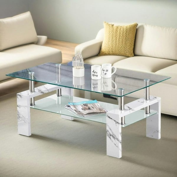 Rafaelo Mobilia 2 Tier Glass Coffee Table Marble Effect