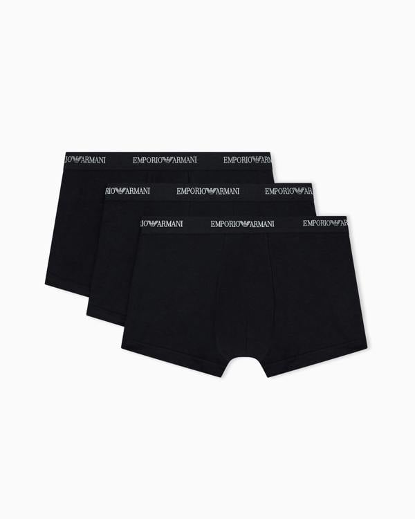 Emporio Armani 3-Pack Mens Stretch Jersey Boxer Briefs with Logo Waistband - Black/Black/Black - CHO - Designer Mens Underwear