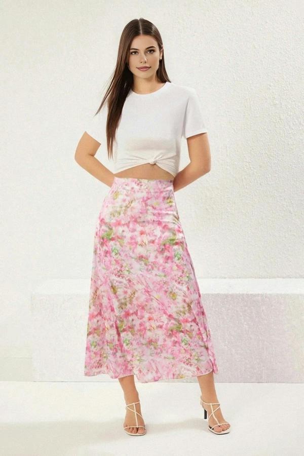 WOVCOR Floral Patterned Satin Fabric A-line Fit Midi Woven Skirt