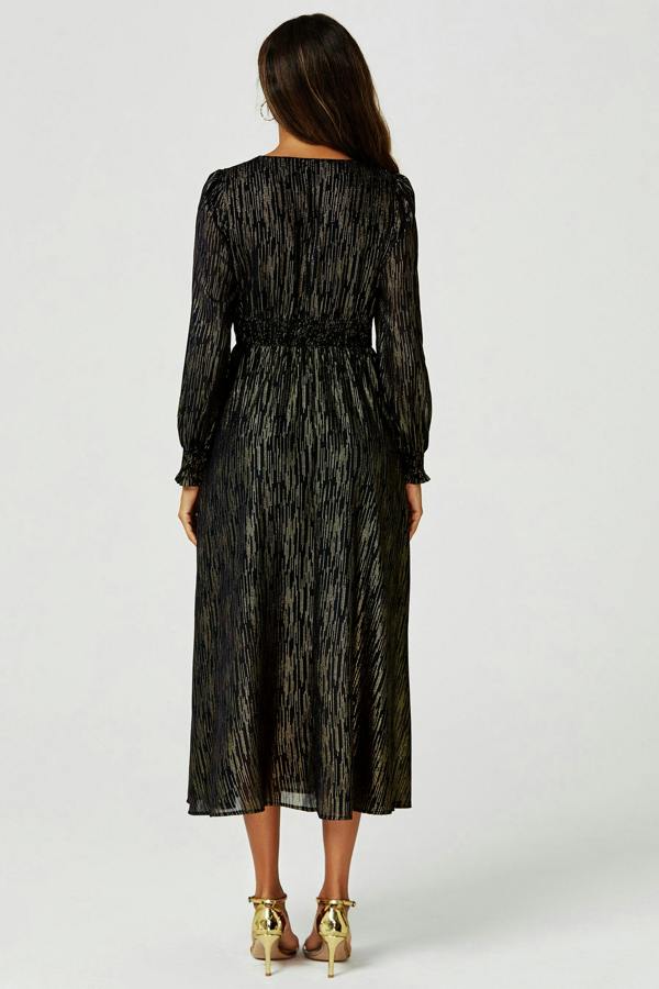 FS Collection Gold Stripe Foil Long Sleeve Maxi Dress In Black