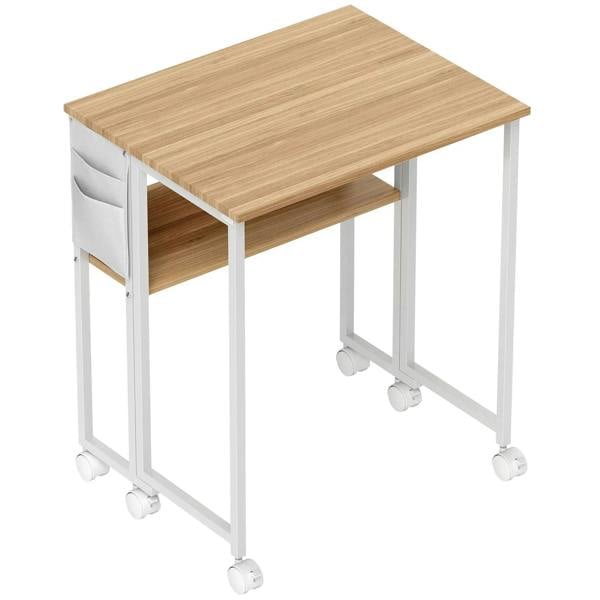 Drop-leaf writing desk with natural wood top, white frame, and caster wheels