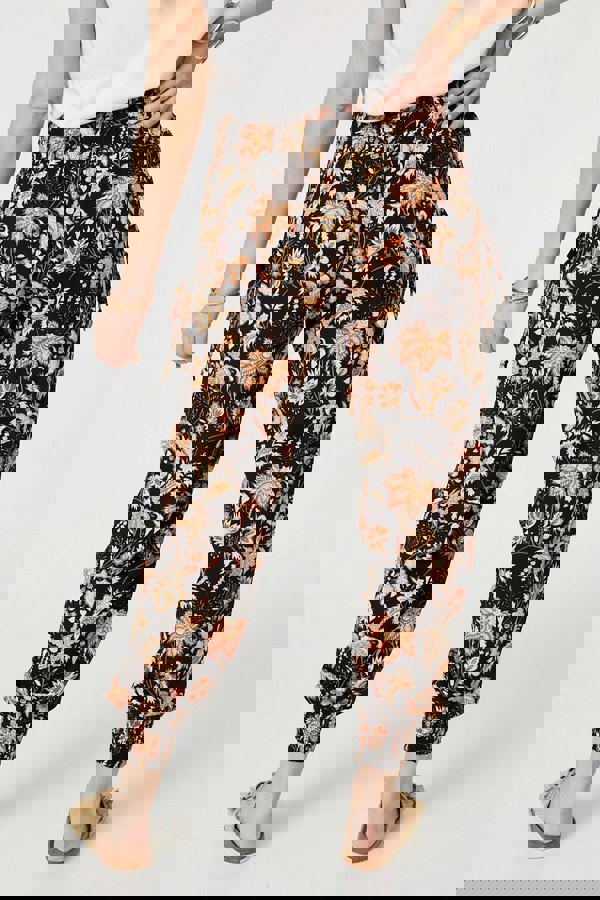 Black | Vintage Floral Shirred Waist Harem Pants