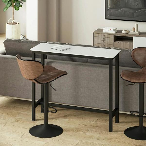 White marble-effect rectangular bar table with black metal legs and open lower shelf