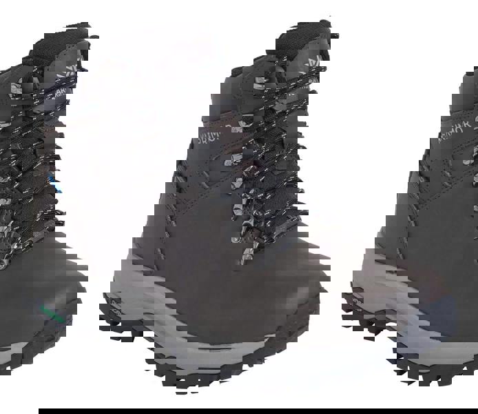 Karrimor Mendip 4 Mens Walking Hiking Lace Up Trek Leather Boots, a sturdy brown leather hiking shoe with black and white laces, reinforced eyelets, and a durable rubber sole for outdoor trekking.