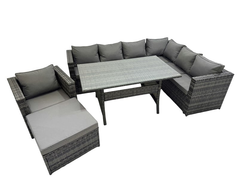 Fimous Rattan Garden Furniture Set Outdoor 8 Seater Patio Dining Corner Sofa Sets with Dining Table Chair Big Stool Dark Grey Mixed