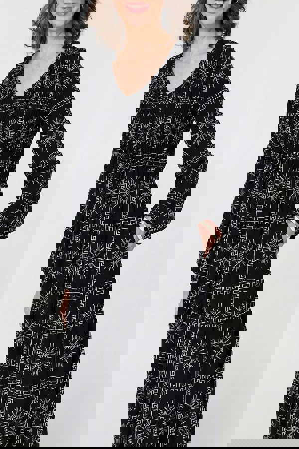 Black | Printed Long Sleeve Tie Waist Midi Dress
