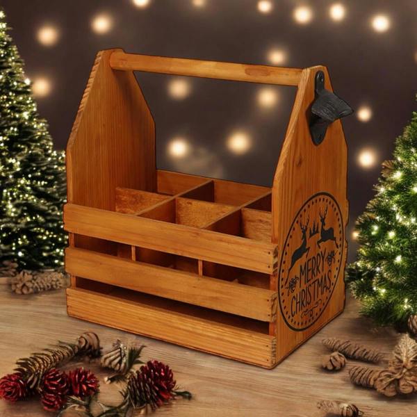 WOODEN 6 BOTTLE HOLDER WITH METAL OPENER