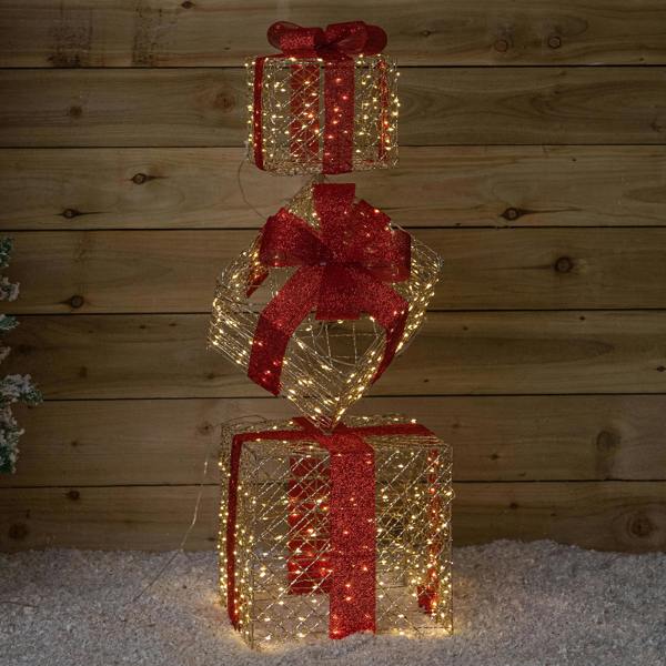 Samuel Alexander 96cm Gold Light Up Christmas Parcel Stack with 500 Warm White LEDs & Timer