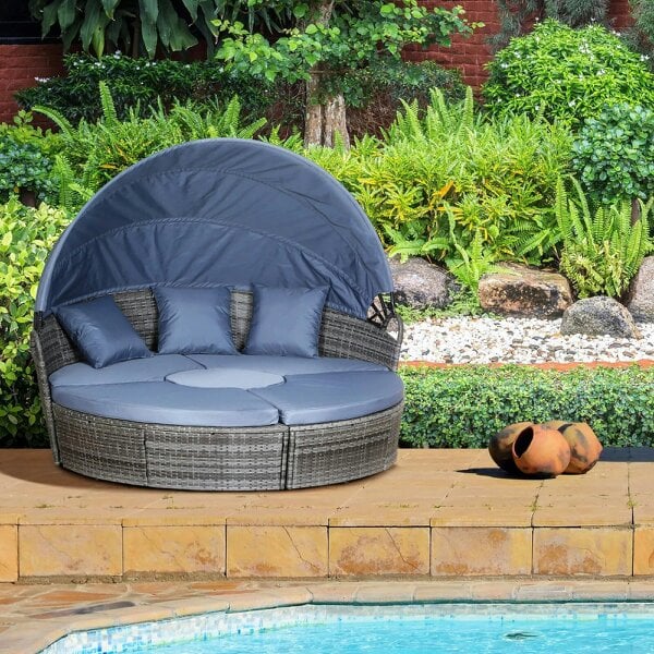 Bobobiy Outdoor PE Rattan Garden Furniture with Cushioned, Patio Wicker Conversation Furniture Set, Coffee Table and Three Pillows, Grey/Blue Grey