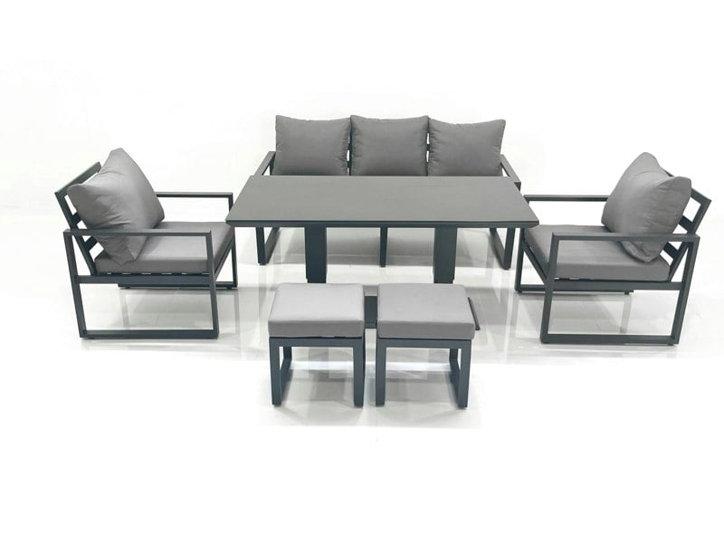 Fimous Outdoor Aluminium Garden Furniture Set with Adjustable Rising Lifting Dining Table 3 Seater Sofa 2 Chair 2 Small Footstools Dark Grey