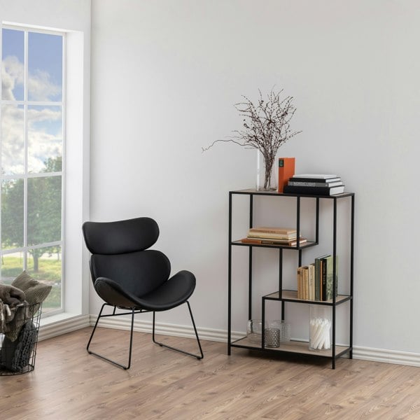 Furniture To Go Seaford Black Metal Asymmetrical Bookcase with 3 Oak Shelves