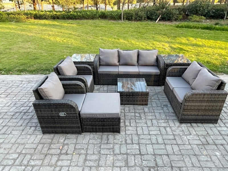 Fimous 8 Seater Garden Furniture Set Rattan Outdoor Lounge Sofa Chair With Tempered Glass Table 2 Side Tables Big Footstool Dark Grey Mixed
