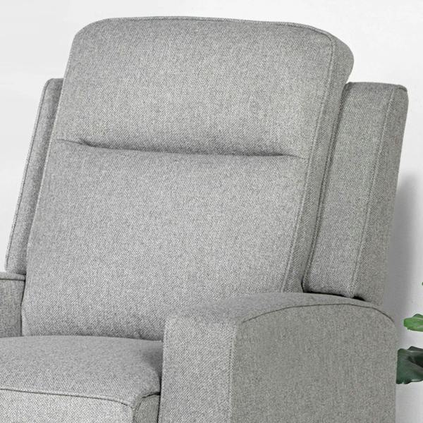 Grey electric recliner with tall backrest and thick padded headrest