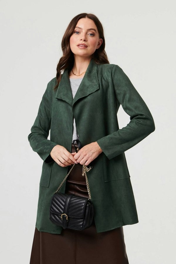 Green | Faux Suede Collared Open Front Jacket
